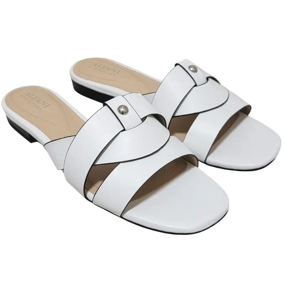 Alfani Women Packerr Flat Slide Sandals Size US 8.5M White Faux Leather